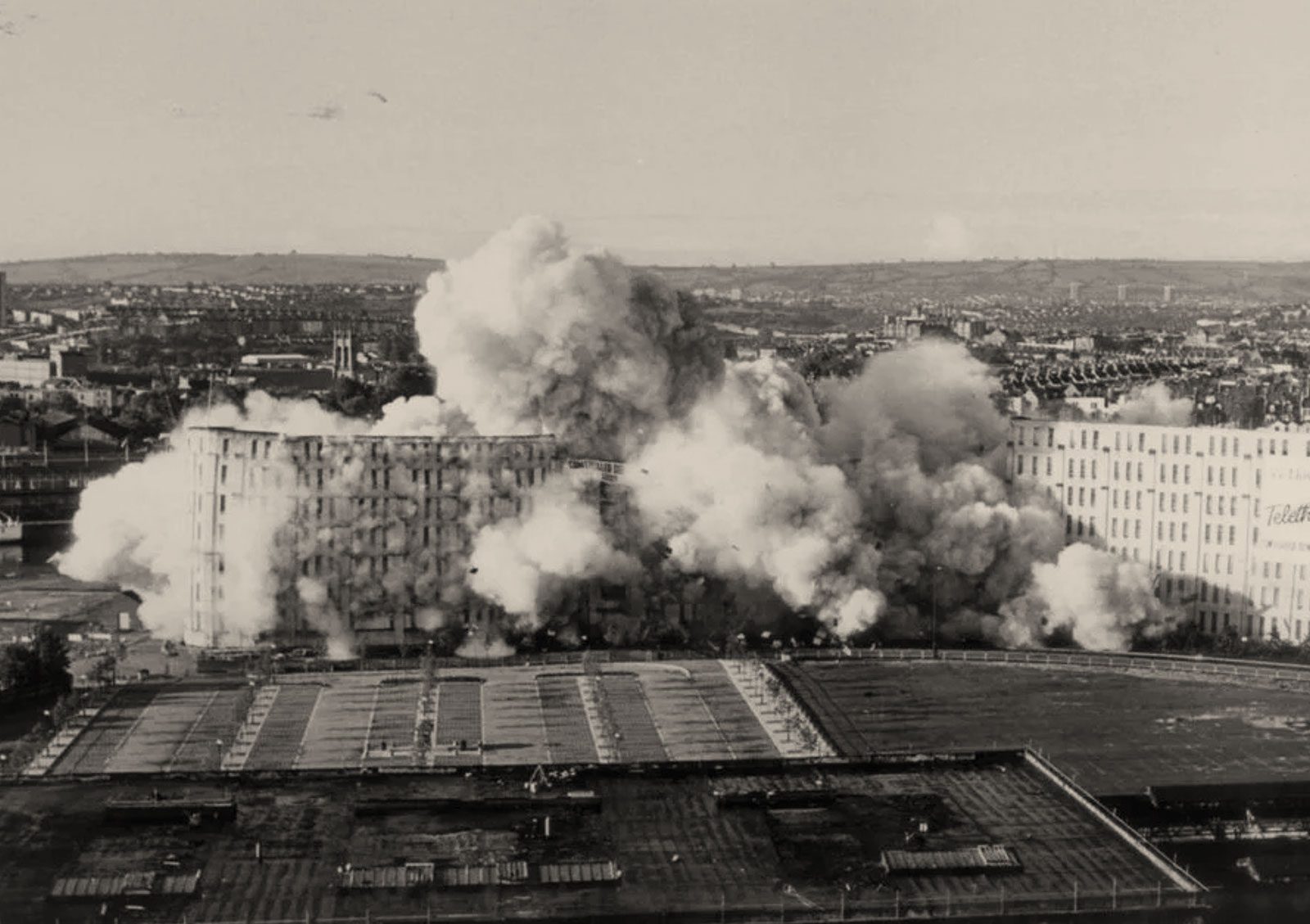 Canons Marsh tobacco warehouses were demolished via a massive controlled explosion